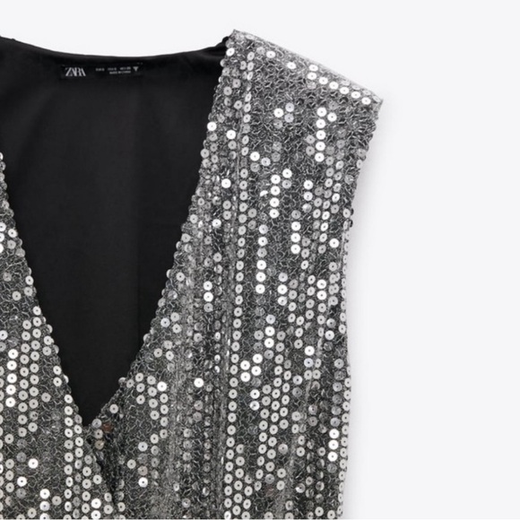 NWT ZARA Draped Silver Sequin Dress (Size Medium, P2P 19 in.) - Picture 6 of 8